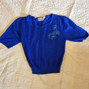Vintage Indigo Blue Pulcinella Crop Sweater Knit Blue Applique Medium Acrylic